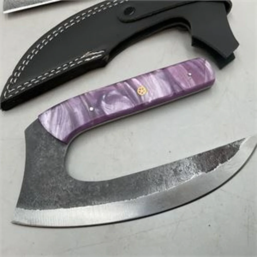 Shareez & Sons Damascus Cleaver & Ulu Chopper Fixed Blade Knife Set with Sheaths